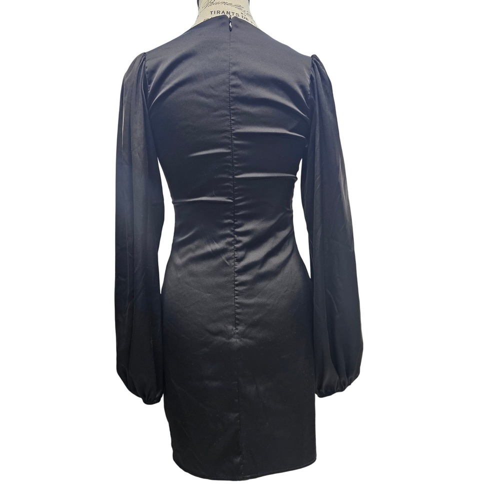 Black Satin Square Neck Long Sleeve Bodycon Mini Dress - Picture 2 of 8